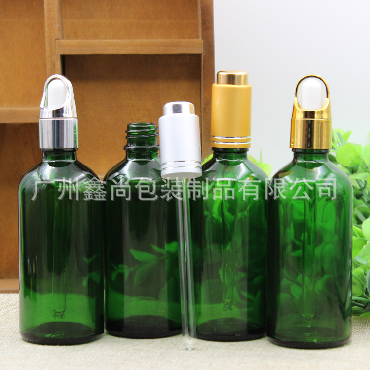 100ml绿色光面玻璃精油瓶精油调配瓶花篮盖按压盖滴管分装空瓶子