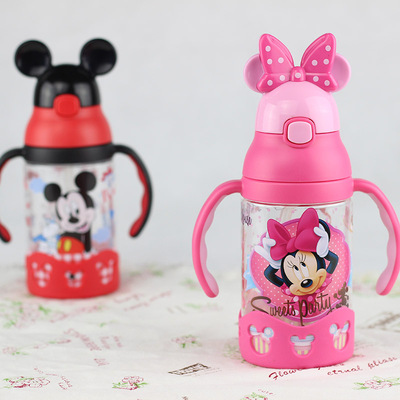 Disney Straw cup Infants Cartoon Water cup Mickey children Handle Leak proof baby Trainer Cup student summer Water cup