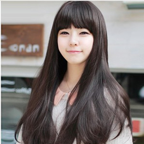 Manufacturer wholesale fashion wig ladies flat bangs long straight hair foreign trade European and American Korean wig headgear one piece drop shipping