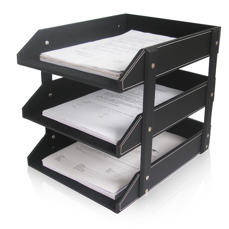 Leather Three-layer File Rack Information Rack Desktop Office Storage File Tray Business Office Supplies Book Rack