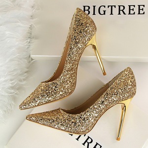 9219-1 in Europe and the wind for women's shoes with high heels show thin shallow mouth pointed shining sequins sexy clu