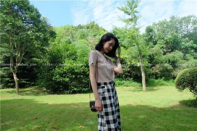 女式休闲裤-2016韩国代购时尚复古棉麻黑白格