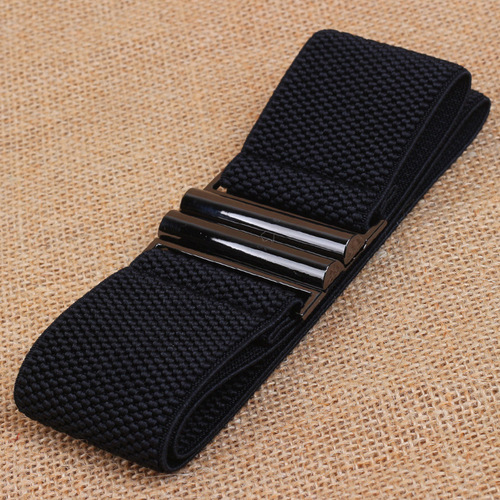 Black wide belt for women Korean style simple and versatile women's elastic waistband with down jacket Women's alloy buckle skirt belt