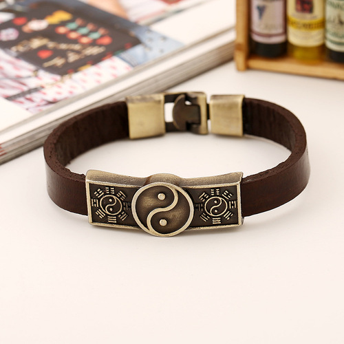 2pcs Men's ethnic vintage gossip leather bracelet Alloy Taigua Yin and Yang Leather Jewelry