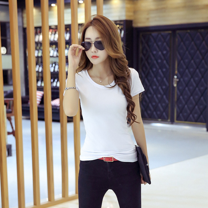 Summer new solid color V-neck women's bottoming shirt Korean slim black and white solid color women's short sleeve T-shirt stall wholesale