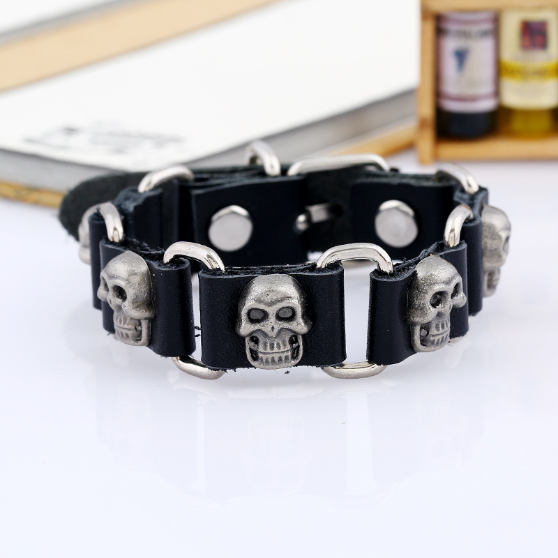 Jewelry punk leather bracelet alloy skull leather cowhide bracelet