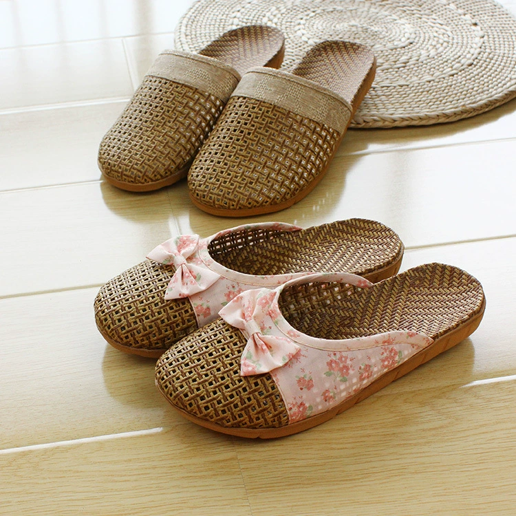 Домашняя обувь: летние сандалии из ротанга для двоих, плетеные, нескользящие, с бантом, оптом, дышащие
