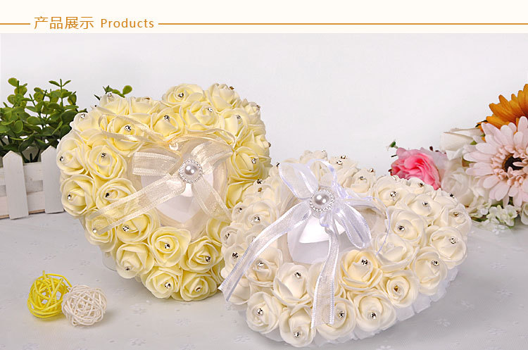 欧式戒指盒 创意婚庆用品新娘新郎PE玫瑰花镶钻戒枕心形戒托批发详情图12