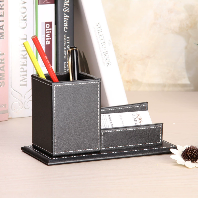 Wooden desk office pen holder with personalized name card holder, multi-purpose creative PU leather pen cup, factory