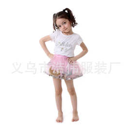 欧美外贸热卖款女童生日套装 短袖烫金上衣加皇冠亮片短裙两件套