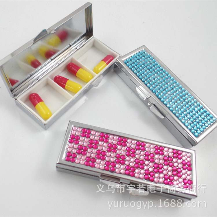 长方形三格满钻药盒 金属便携小药盒 一周药盒 pillbox