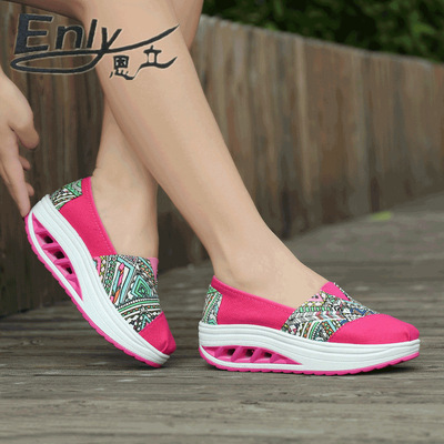 2020春季新款帆布鞋女厚底套脚帆布摇摇鞋拼色民族风布鞋透气女鞋|ru