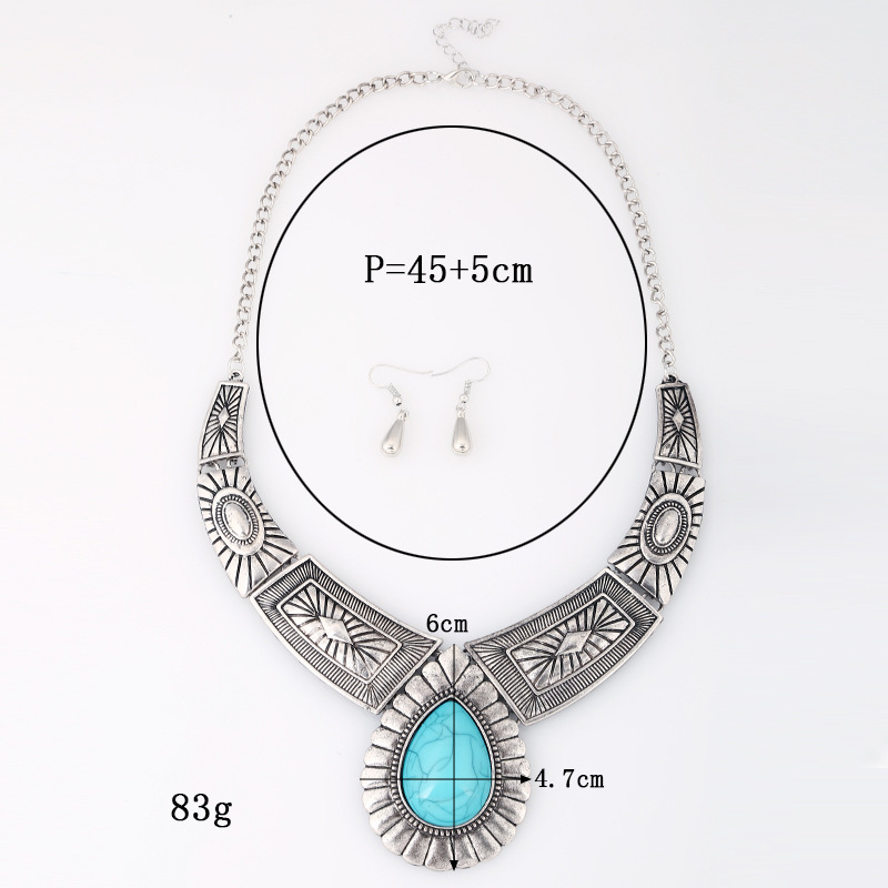 Retro Ethnic Style Water Droplets Rhombus Turquoise Alloy Wholesale Earrings Necklace display picture 1