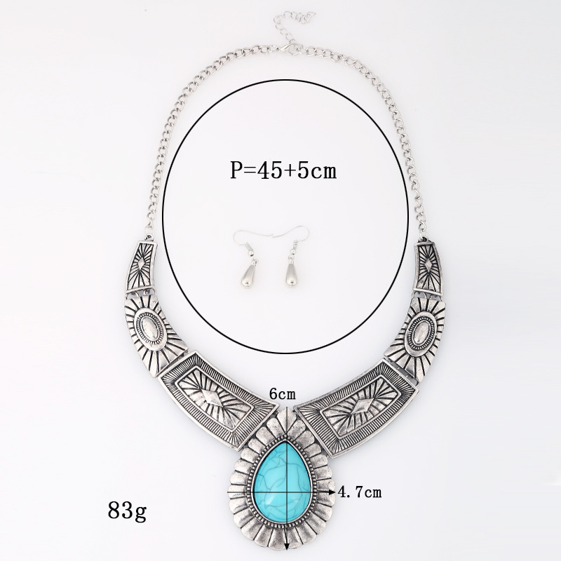 60g Weight December Birthstone Turquoise Inlay Material Earrings, Necklace Classification Retro Ethnic Style Water Droplets Rhombus Turquoise Alloy Wholesale Earrings Necklace