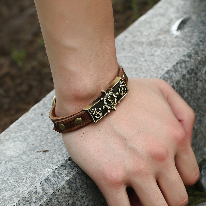 Alloy vintage cowhide bracelet bracelet gift distressed effect leather bracelet