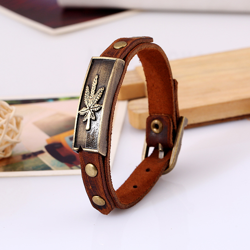 Vintage alloy maple leaf leather bracelet wholesale leather bracelet adjustable