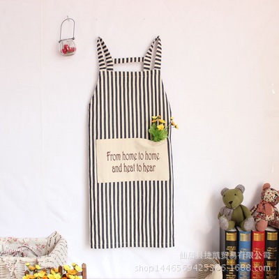 清新地中海条纹条子日式纯棉印花挂脖防尘无袖围裙家居工作服店服