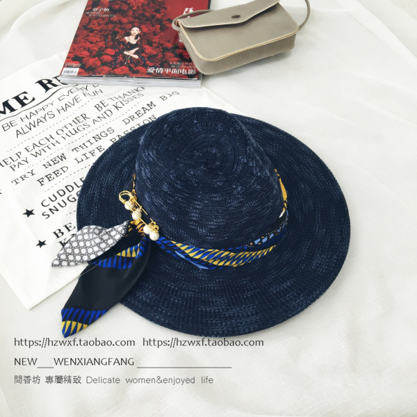 批发采购帽子-时尚别针丝带大沿遮阳帽子沙滩