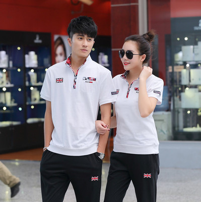 韩版透气情侣运动装纯棉短袖长裤运动套服格子领来样加工定制定做