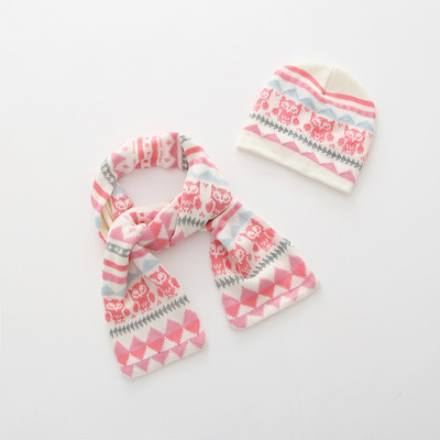 girl double-deck knitting Jacquard weave Cartoon Hat scarf piece suit 3-8 Baby hat Autumn and winter new pattern