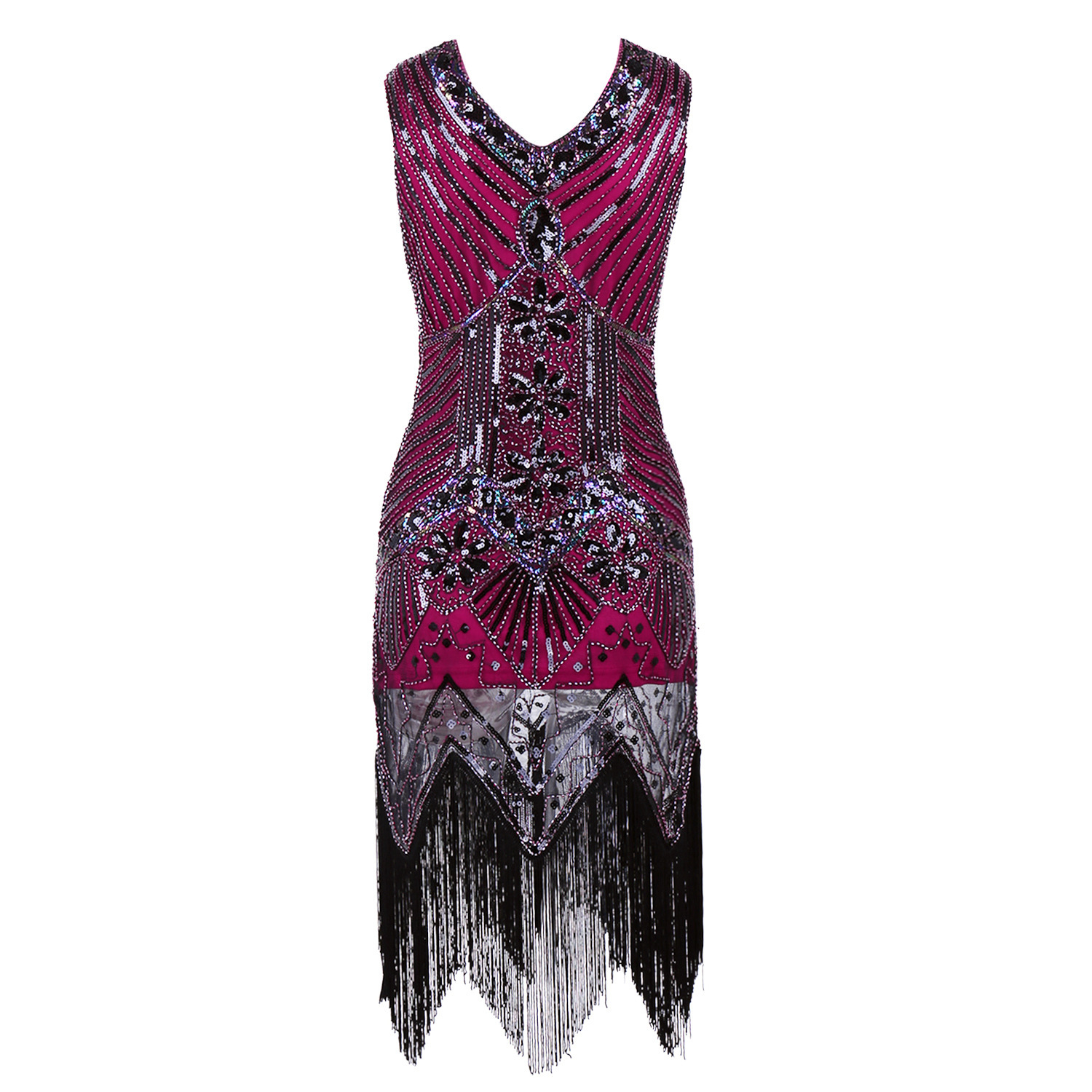 sequin beaded V-neck fringed dress NSSA28598