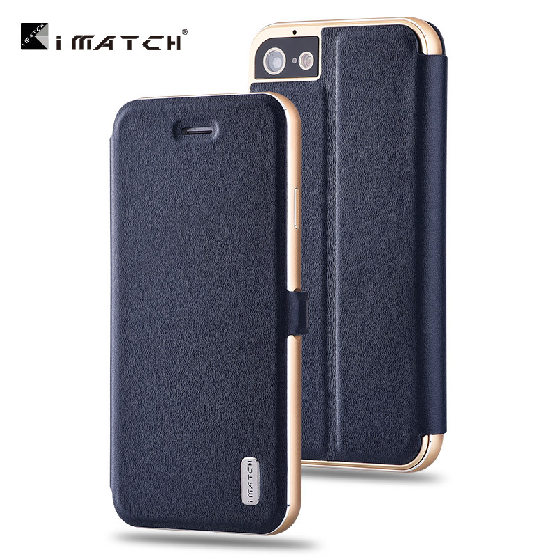 iMatch Luxury Aluminum Metal Bumper Premium Genuine Leather Flip Magnetic Case Cover for Apple iPhone 7 Plus & iPhone 7