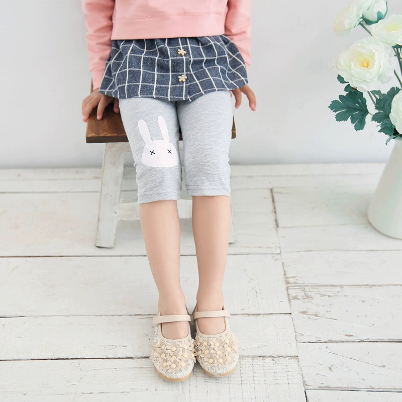 Kids thin knitted leggings (children), cute bunny knee print, lightweight summer capri, sizes 100–150