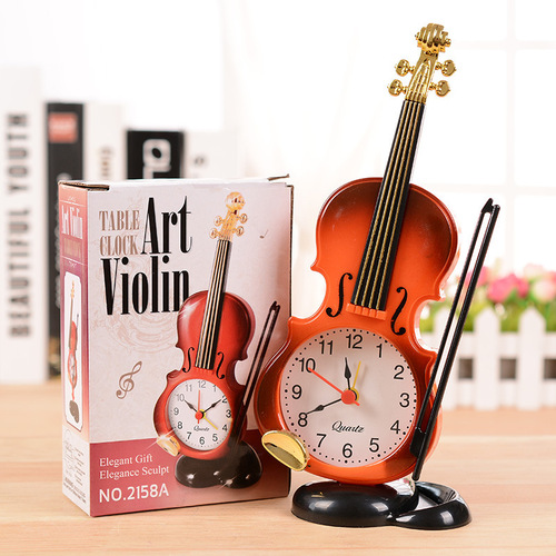 Simulated violin alarm clock, creative musical instrument shape desktop clock, living room plastic ornaments, student desk clock