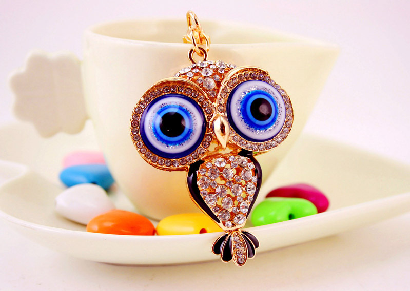 46g Weight Alloy, Metal Material Owl Pattern Unisex Gender Pink, Red, Blue, Black Color Korean  Creative Cute Cartoon Big-eyed Cute Owl Diamond Keychain 10