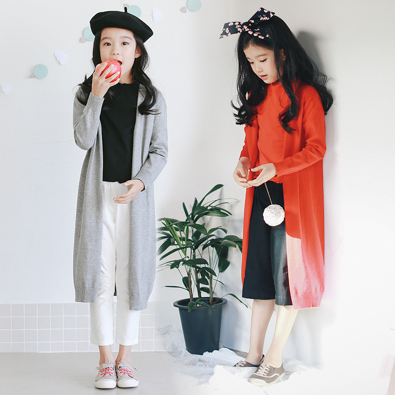 女童针织衫春秋韩版长款毛衣开衫女童中长款毛衣外套亲子装50960
