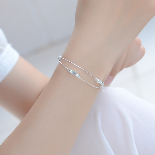 Multi-layer double-layer silver anklet Japanese and Korean fashion double bead clip star summer girls silver jewelry bracelet factory wholesale
