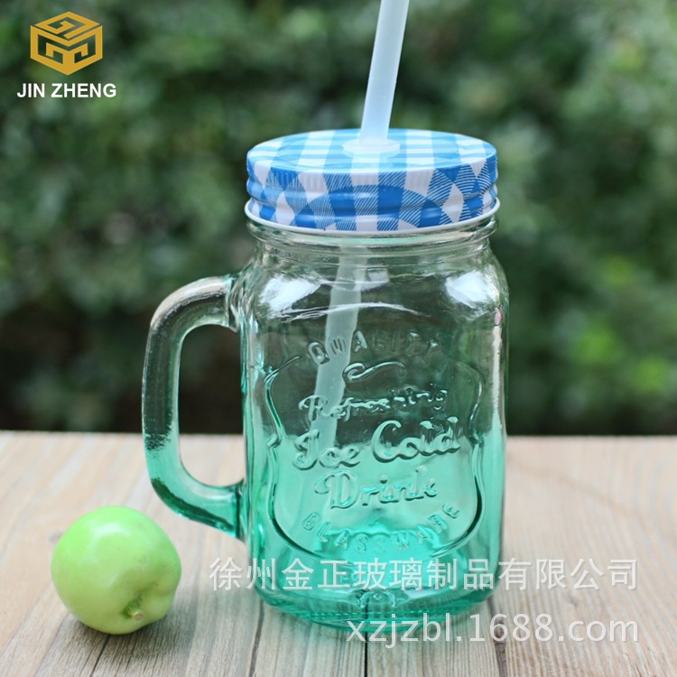 现货批发 定制JOE定制饮料梅森瓶  发光玻璃把手杯  耐热玻璃瓶