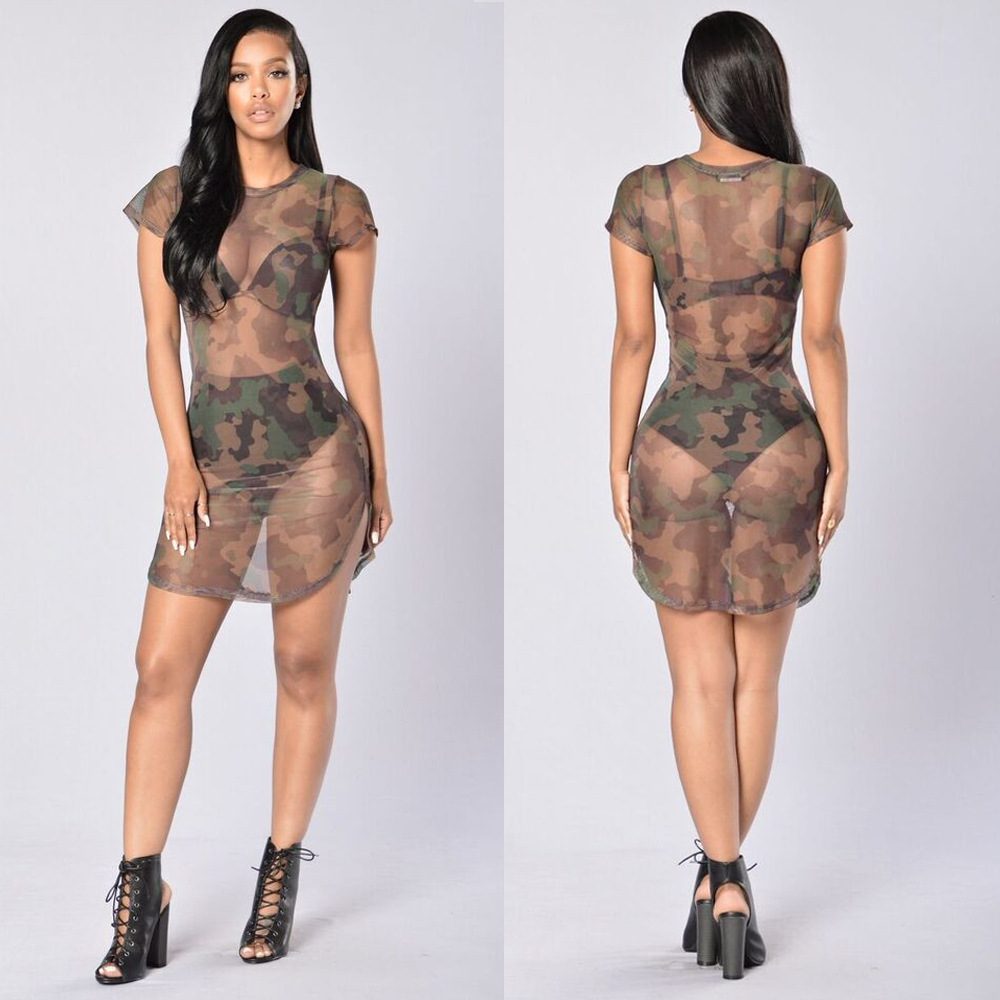 Camouflage Mesh Sexy Dress See through Short Sleeve High Fork  Dress in Dresses