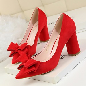 1376-1 a han edition shoes high heels round sweet mouth with thick with high with shallow point suede bow single shoes