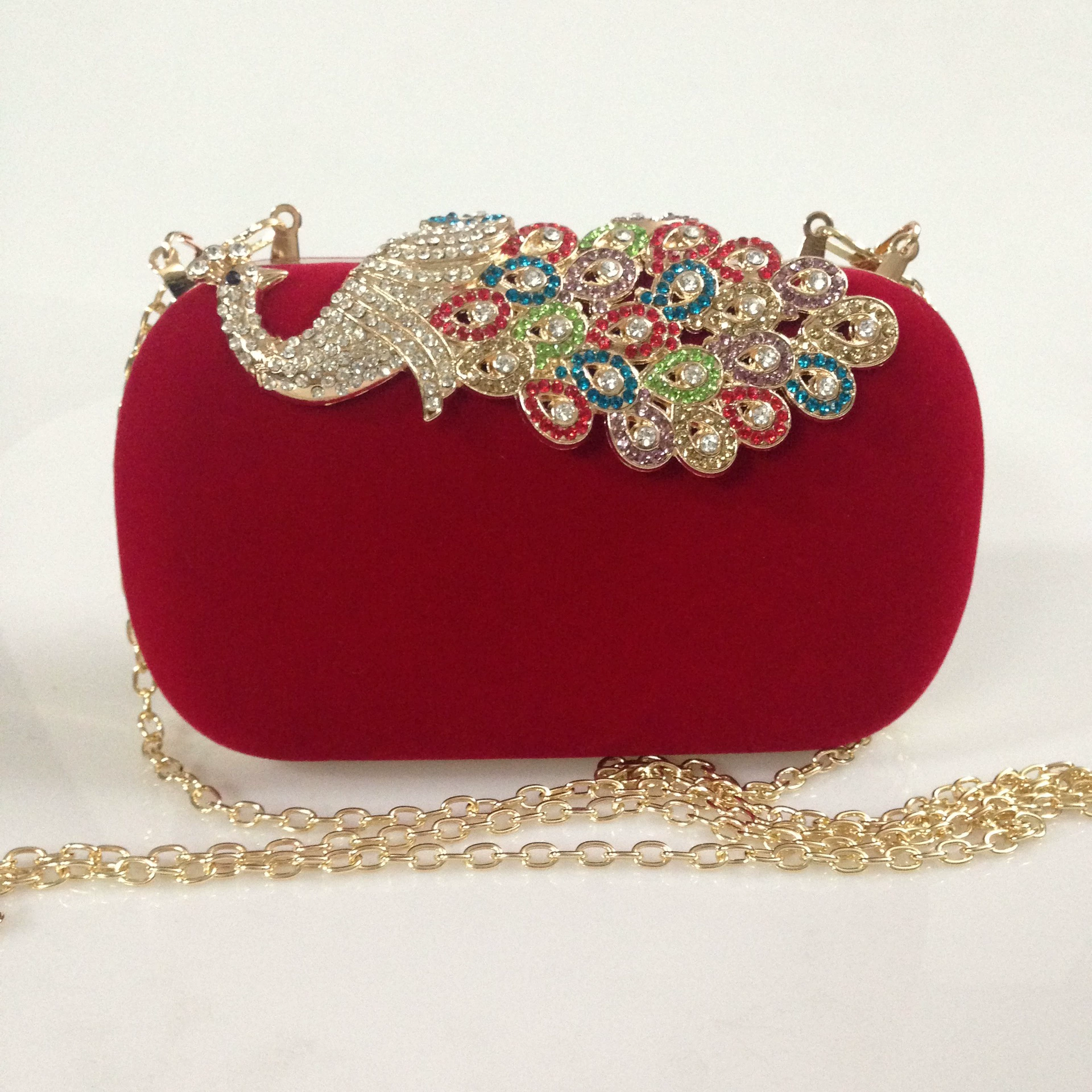 Colorful velvet dress, cheongsam, red small clutch bag for bride, peacock, food bag, European style