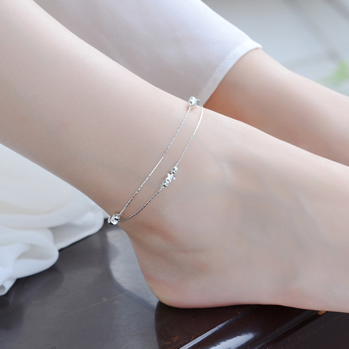 Multi-layer double-layer silver anklet Japanese and Korean fashion double bead clip star summer girls silver jewelry bracelet factory wholesale