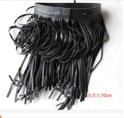 Long Flowing Fringe Belt Gypsy Style Women's Adjustable Skirt Style PU Leather Waist Wrap