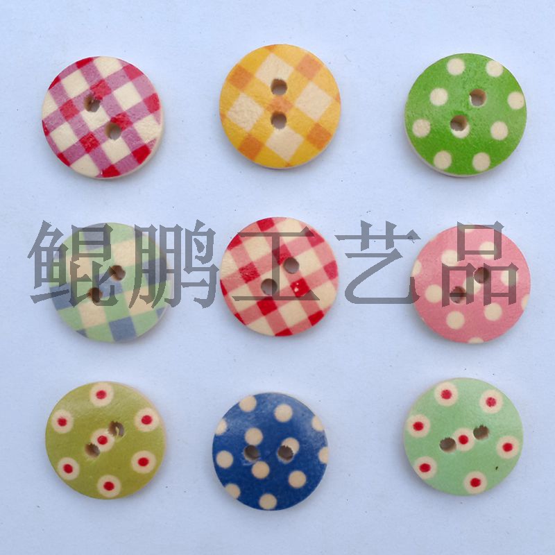 木头扣diy辅料饰品辅料彩绘印花格子圆点木纽扣卡通纽扣