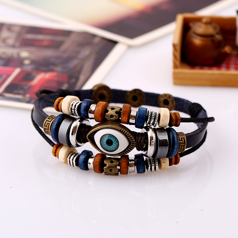 Bracelets Classification Retro Eye Pu Leather Beaded Resin Men'S Bracelets Men Cord & Leather Bracelets
