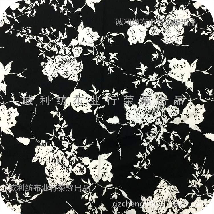 欧美全棉活性斜纹弹力印花布 黑白花印花面料 女装连衣裙印花布料
