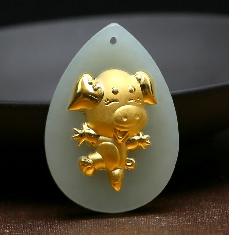 (2개) 천연 신장 HETIAN JADE 상감 천 피트 금 조디악 펜던트 4D 금 상감 옥 조디악 펜던트 도매