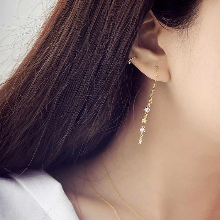 S925 pendientes de plata larga estrella cristal borla pendientes estilo coreano joyería de plata esterlina