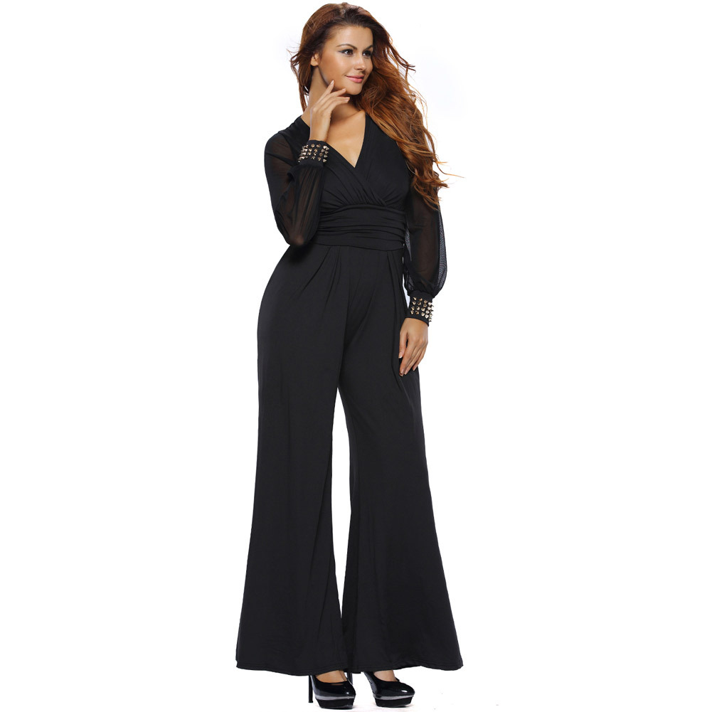 Women's Jumpsuit Plus Size Mesh Long Sleeve V-neck Wide Leg Flare Bell ...