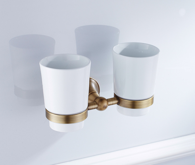 全铜复古欧式双杯架漱口杯架仿古壁挂式五金卫浴挂件