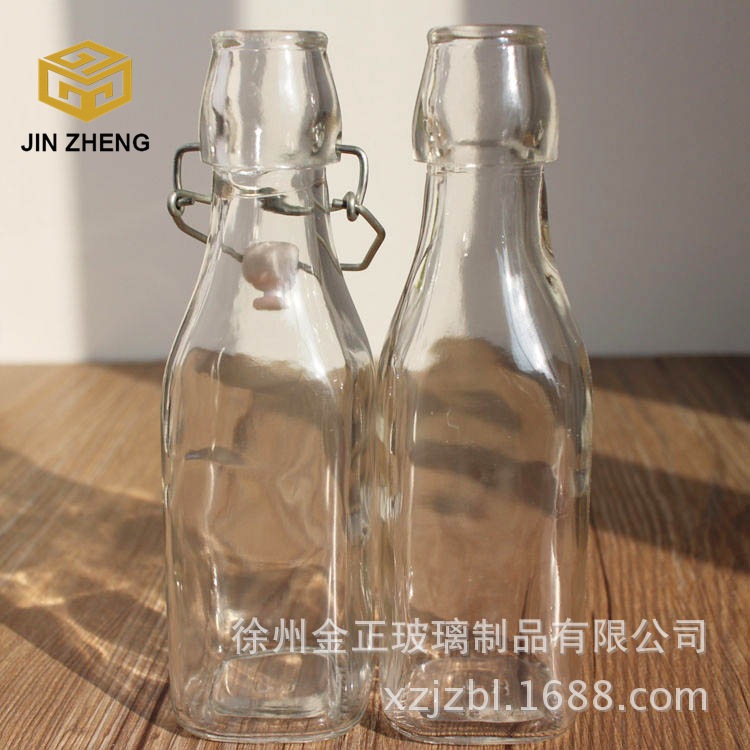 现货库存 250ml方形玻璃瓶 透明果汁瓶 卡扣方形密封泡茶瓶