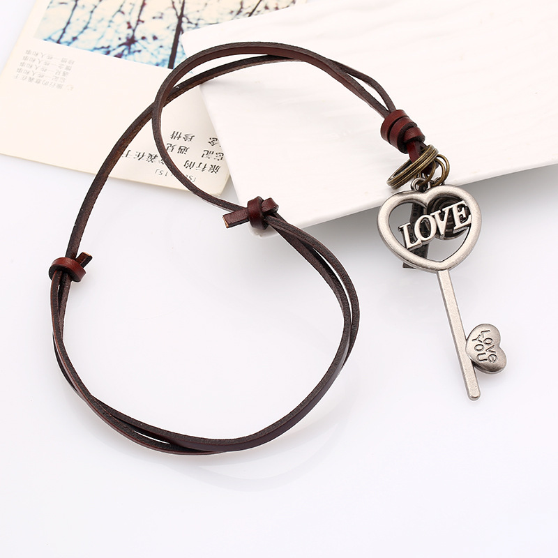 Vintage leather rope necklace womenu0027s long sweater chain alloy LOVE long key leather necklace