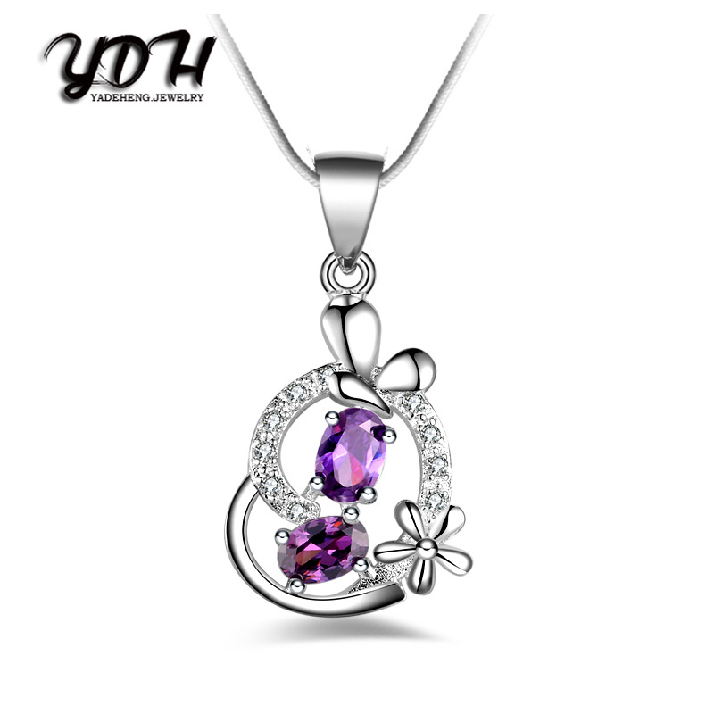 国外时尚银饰品 心形紫钻项链批发 时尚镀银女项链代发