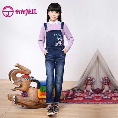 Bubu found Children's clothing girl Embroidery rompers 2016 Autumn and winter new pattern CUHK cowboy trousers children trousers