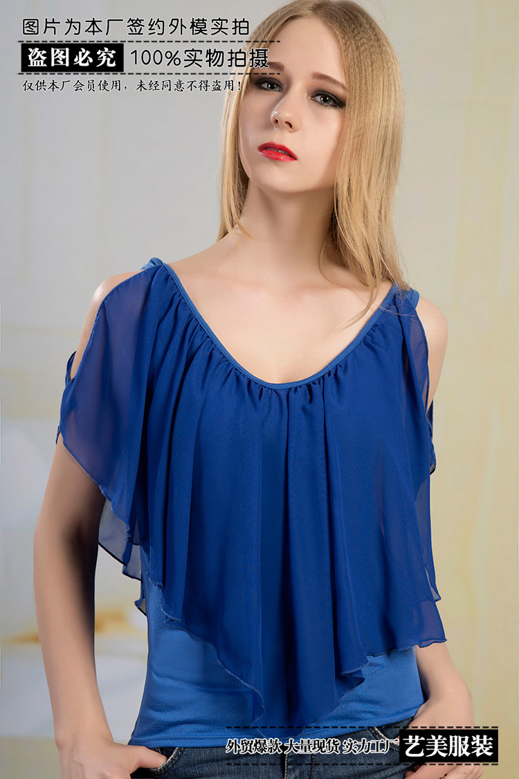 Plus Size Color Block Chiffon Off Shoulder T Shirt Sexy V Neck Slim Fit Lightweight Casual Wear for Women Wholesale