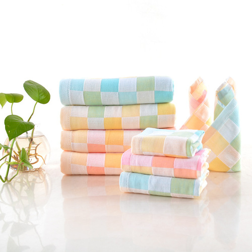Wholesale double-layer gauze square towel pure cotton gauze two-layer small towel color grid 25*25 baby saliva towel newborn